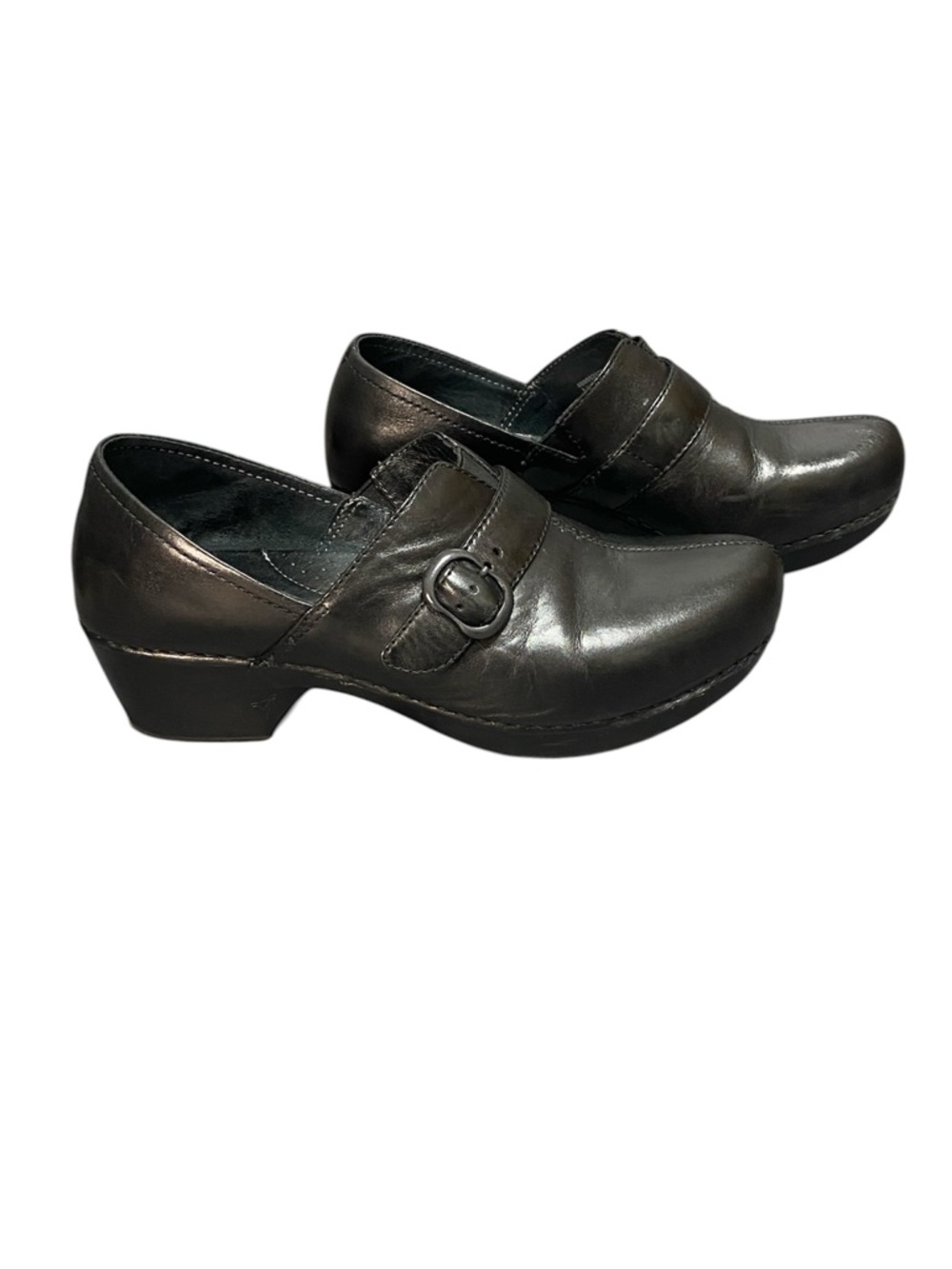 Dansko Tamera  Black Leather Buckle Clogs